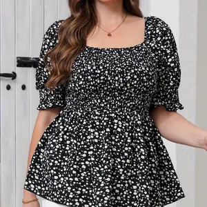 Women's Plus Size Fashionable Pleated Flower Print Shirt Summer Short Sleeved Outdoor Work Vacation Square Neck Top