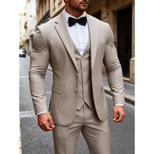 Big Strong & Tall Men's Three-Piece Formal Suit with Notch Lapel Vest Included Flap Pockets Tailored Design Long Sleeve Workwear Wedding Guest Outfits Beige Elegant Stylish