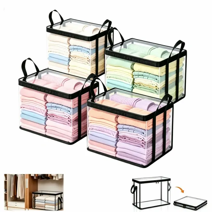 4-Pack Oversized Moving Bags, Large Clear Plastic Storage Boxes with Zipper Lid & Carry Handles, Dustproof Closet Containers for Clothes, Toys, Bedding, Books, High Capacity Organizer for Home, Camping, Travel, Attic, Stackable & Foldable