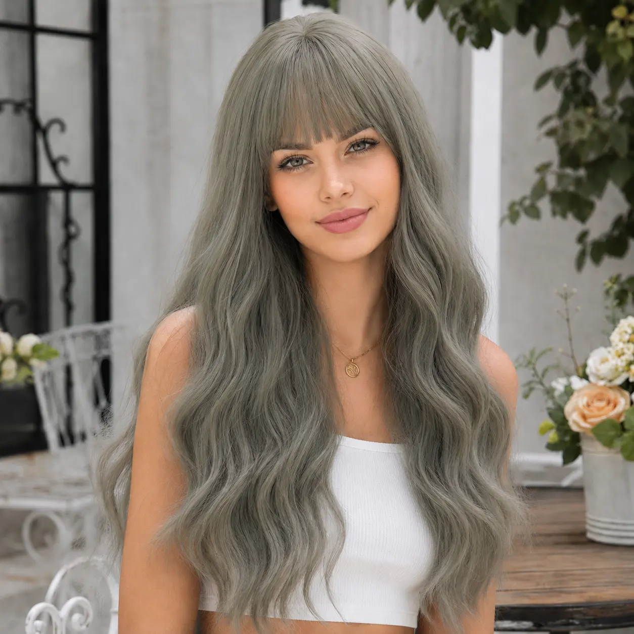 SMILCO/24-inch |Grey Brown|  Curly Long Hair with hair bangs | SM7215
