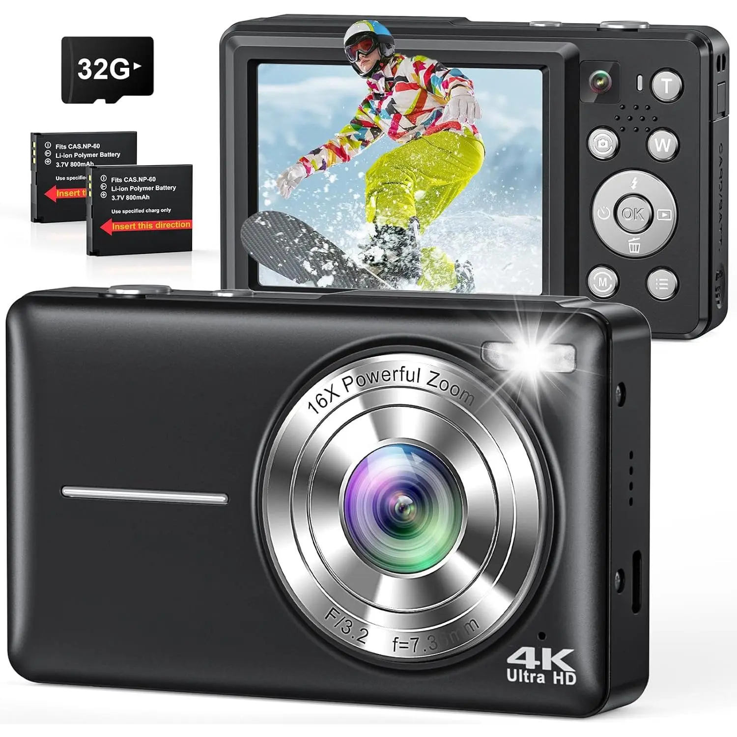 Digital Camera 4K, Compact Point and Shoot Digital Camera with Auto Focus, Dual Camera, Flash, 16X Zoom, 32GB Card, 64MP Cameras for Photography, Boys, Girls, Teens, Adults Vlogging Camera, Black