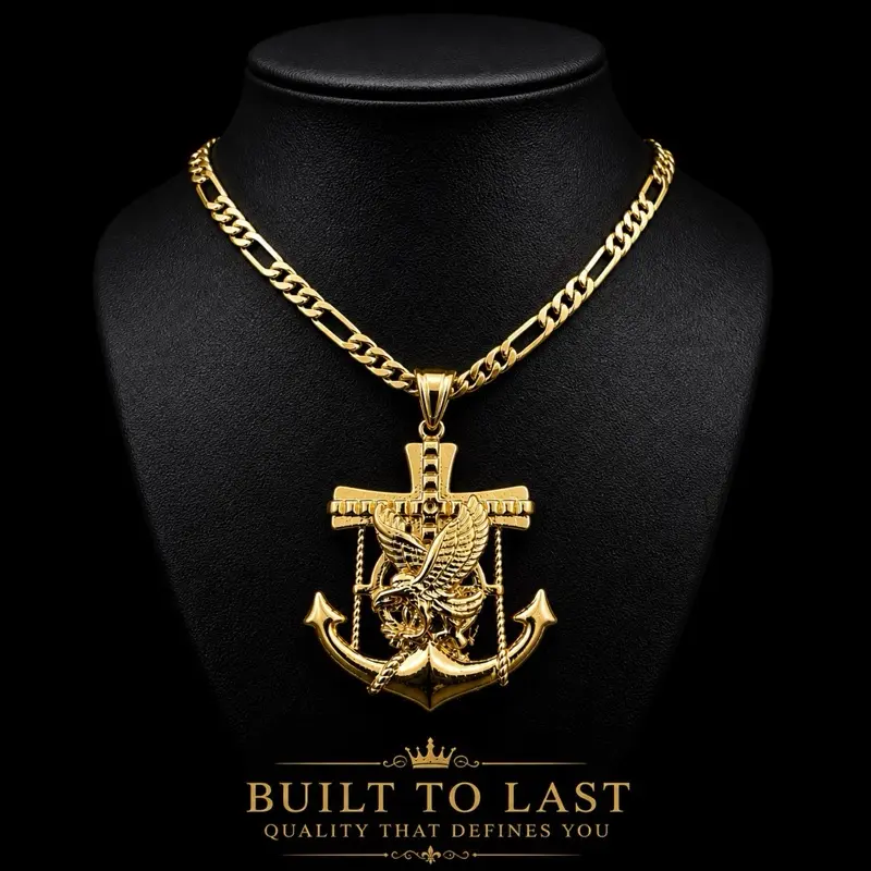 14K Gold Plated Fashion Hip Hop Sailor Anchor Eagle 1.77" Pendant Size - Luxury Pendant with Figaro Link Chain 24" 6 mm - Unisex Jewelry Brass Material
