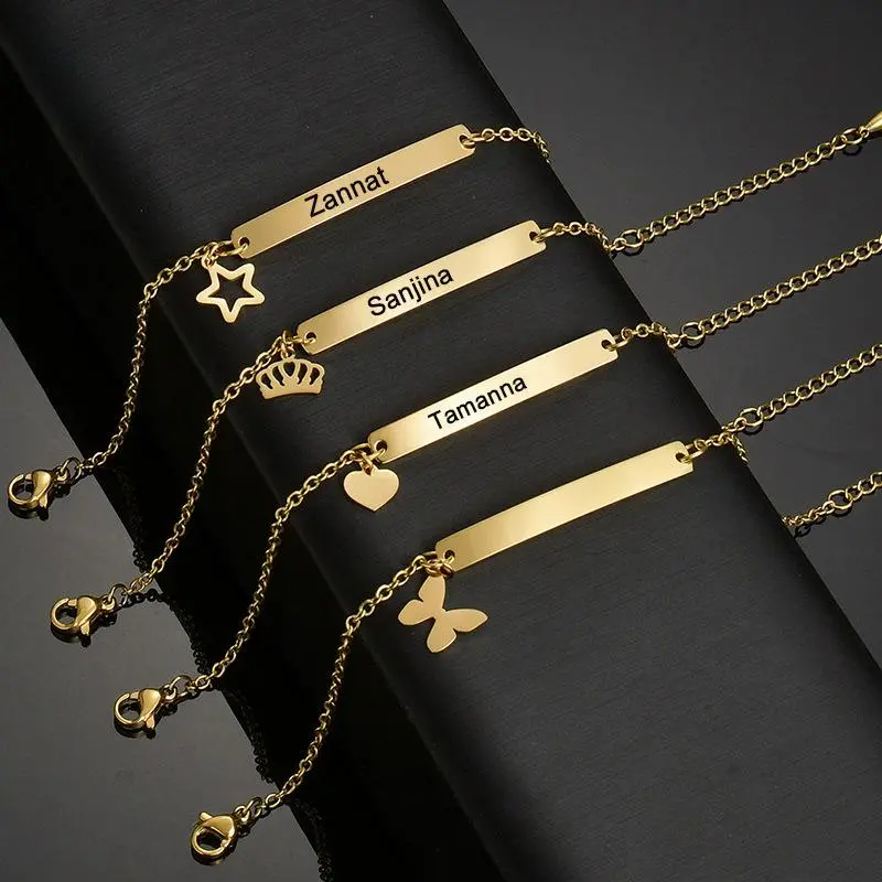 HZ-B369 Simple Crown Butterfly Love Five-Pointed Star Lettering Customizable Bracelet Stainless Steel Bracelet Creative Gift for Women