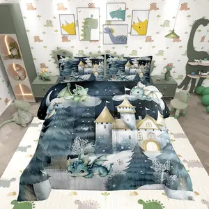 Kids Dragon Bedding Set,Cartoon Castle Wildlife Comforter Set Bed Set Men Bedroom Decor,Mystery Night Jungle Pine Trees Quilt Set,Tie Dyed Duvet Insert,1