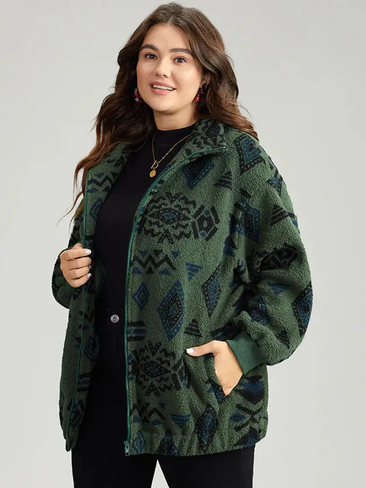 Bloomchic #270 Geometric Pocket Gathered Zipper Coat