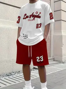 Summer Trendy Short Sleeve Round Neck Creative Top Set, Menswear Streetwear, 3D Digital Print Vintage Letter Pattern, Street Style Casual Wear, Clothes