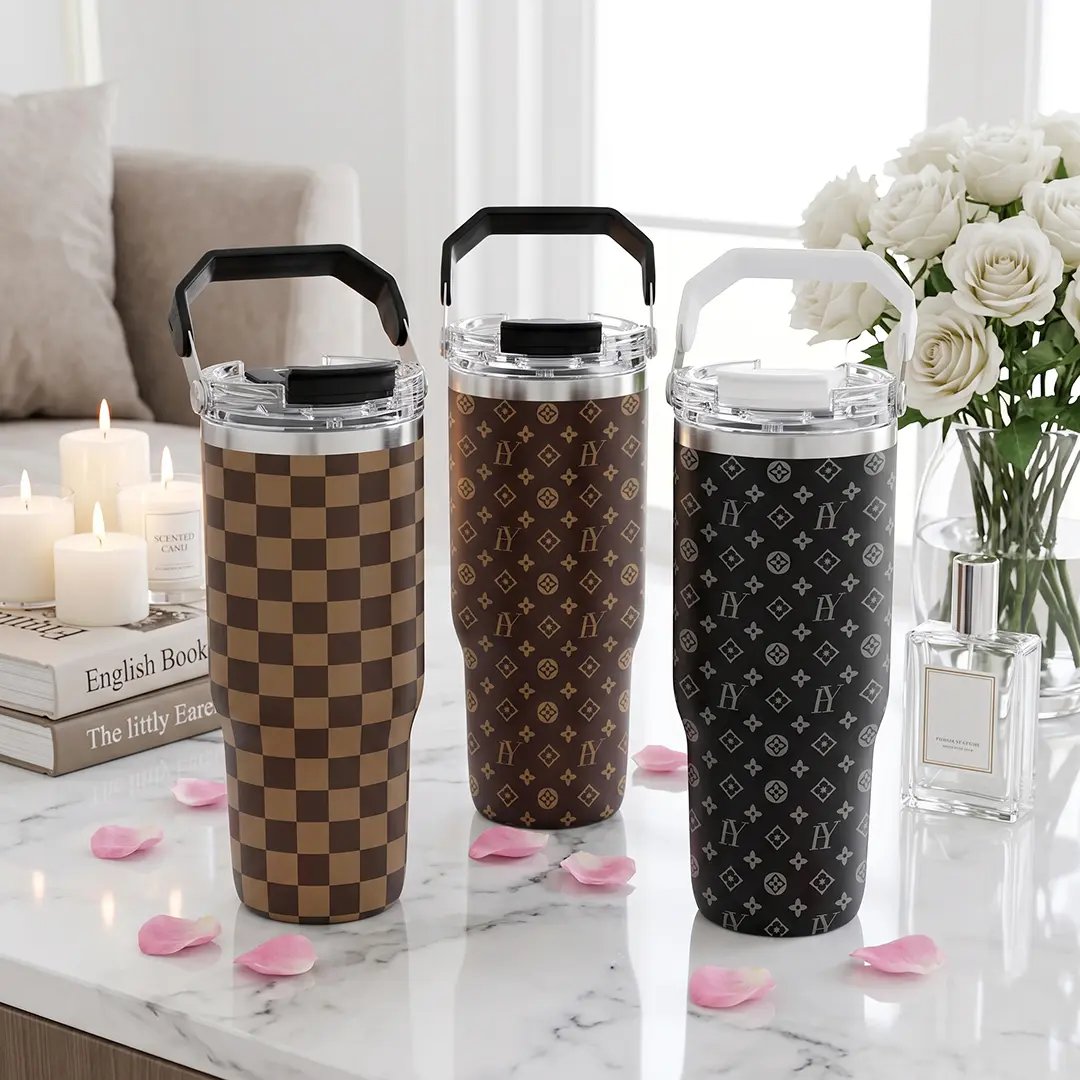 30oz Luxury Monogram Tumbler with Handle, Checkered Insulated Travel Coffee Mug, Leakproof Stainless Steel Cup Fits Car Cup Holder for Road Trip Office Gift