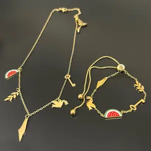 The Set of Palestine 5 Charms Necklace & Bracelet Gold Plated Adjustable. Map Watermelon Dove Olive Branch Key of Return Symbols Jewelry Thoughtful Gifts Symbolic Cultural Events