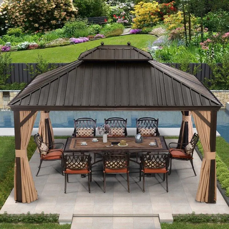 PURPLE LEAF 10' x 13' Outdoor Hardtop Gazebo, Double Roof Aluminum Frame, Bronze Outdoor Shade Canopy for Garden, Patio Canopy Backyard Oasis, Triangular