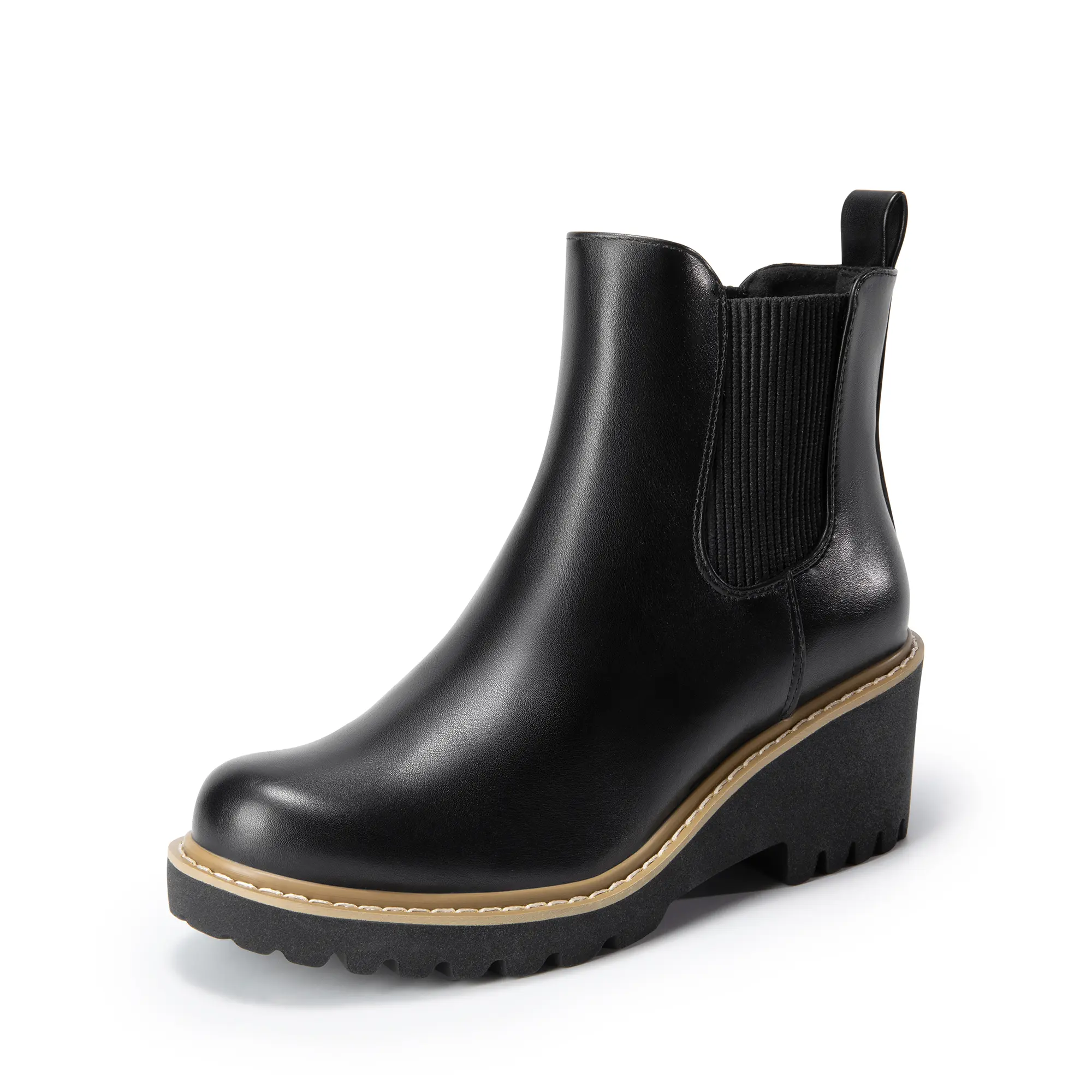 Dream Pairs Women's Black Chelsea Ankle Boots, Faux Leather Slip-On Platform Wedge, Comfortable Statement Walking Shoes, Black Boot