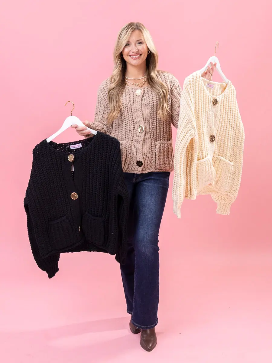 Chunky Knit Cardigan w/ Gold Buttons by DD Design | S-3XL
