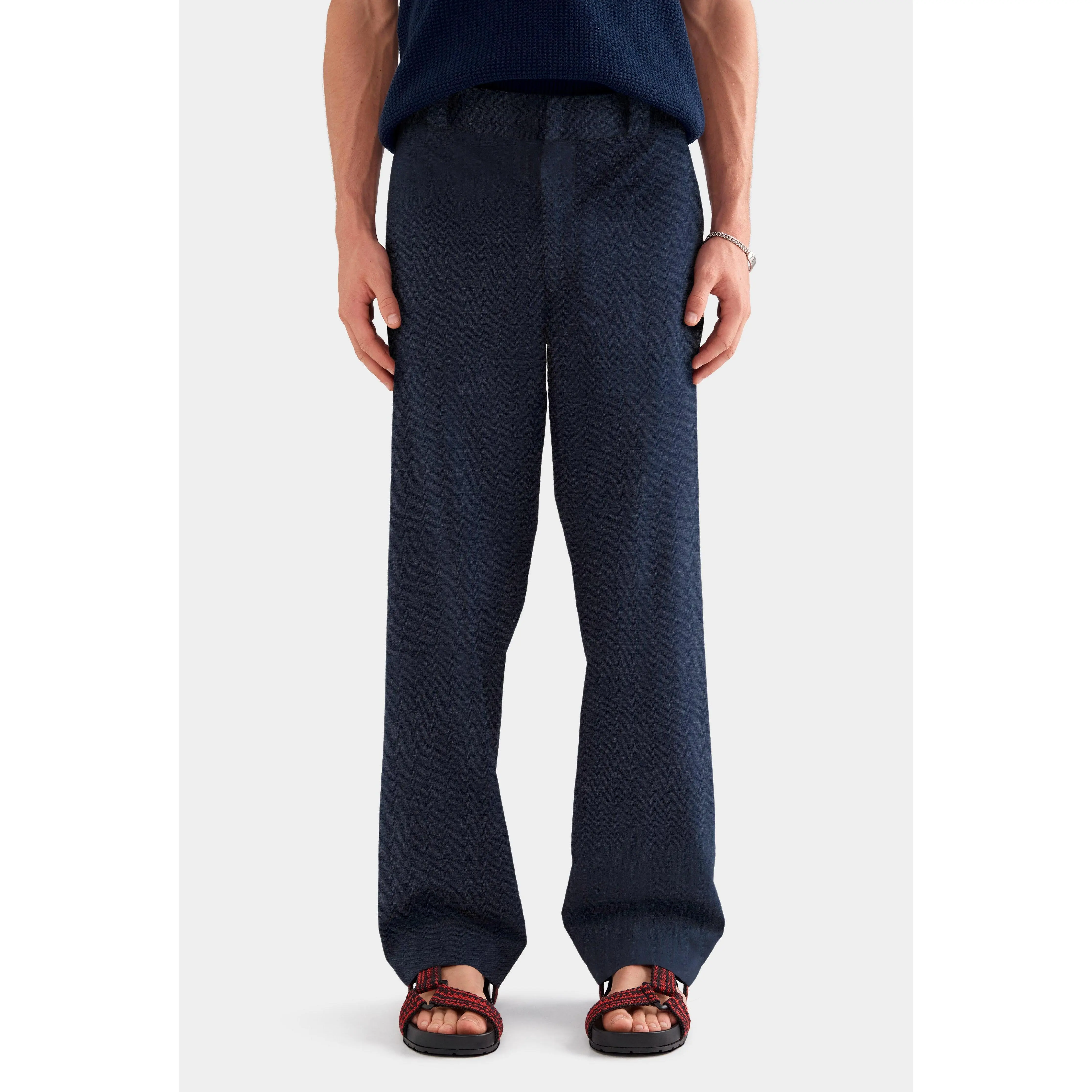 Tailored Seersucker Trouser - Navy Blue Stripe