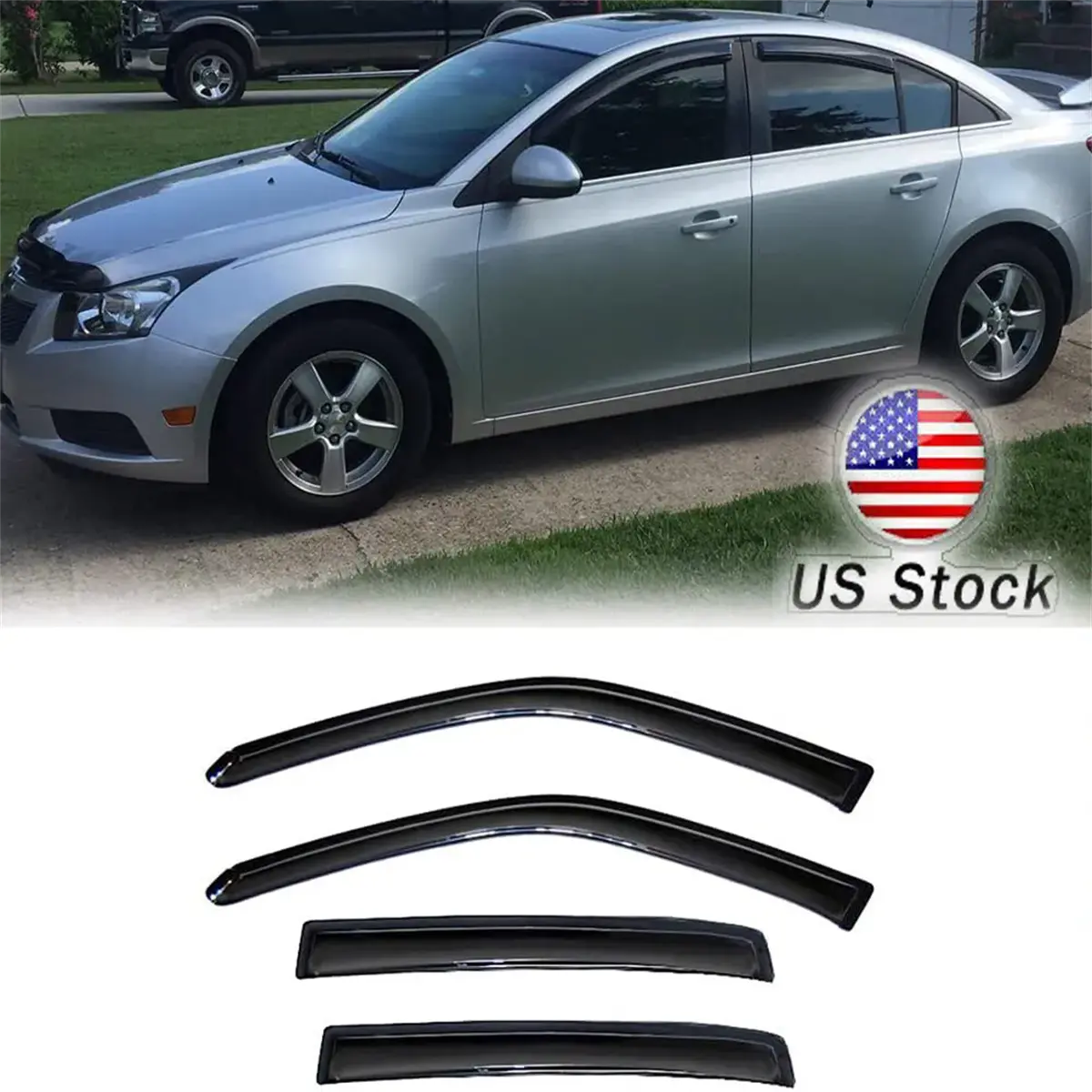 Custom Curved Reinforced ABS Car Side Window Dark Visors - Shatterproof External Mount Rain Deflectors, Chrome/Tinted, Fits 2011-2015 Cruze & 2016 Cruze Limited, Aids Window Ventilation, Car Exterior Accessory