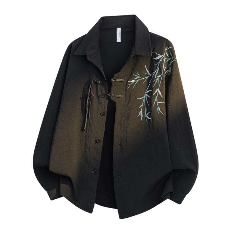 New Chinese-style long-sleeve top featuring bamboo leaf embroidery, a loose fit, frog buttons, design-forward retro high-end feel, and a drapey silhouette—a relaxed casual top with premium quality.