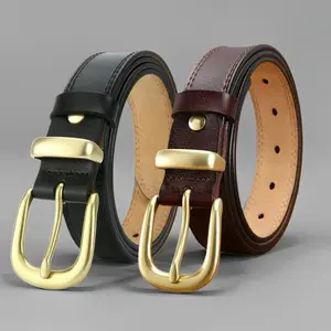 Womens Genuine Leather Belts for Jeans Fashion Vintage Ladies Full Grain Solid Leather Belt with Gold Buckle