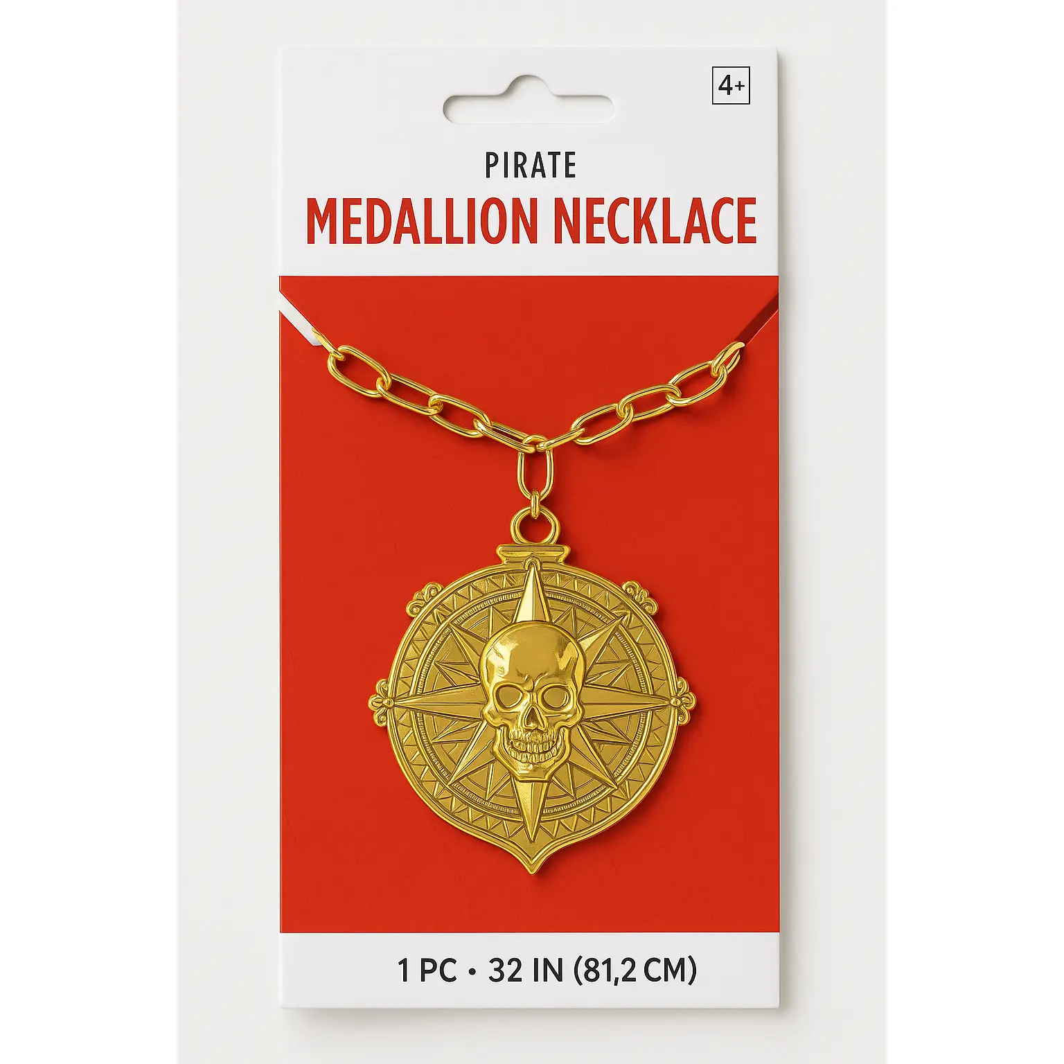Pirate Compass Skull Medallion Necklace - 32" Gold Costume Accessory