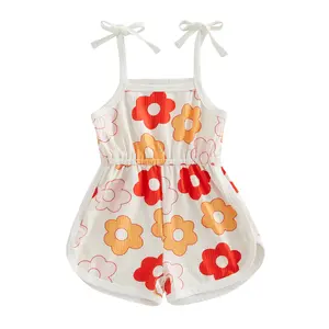 Toddler Baby Girl Summer Jumpsuit | Cartoon Flower Print + Sleeveless Sling Tie-Up | Shorts Romper