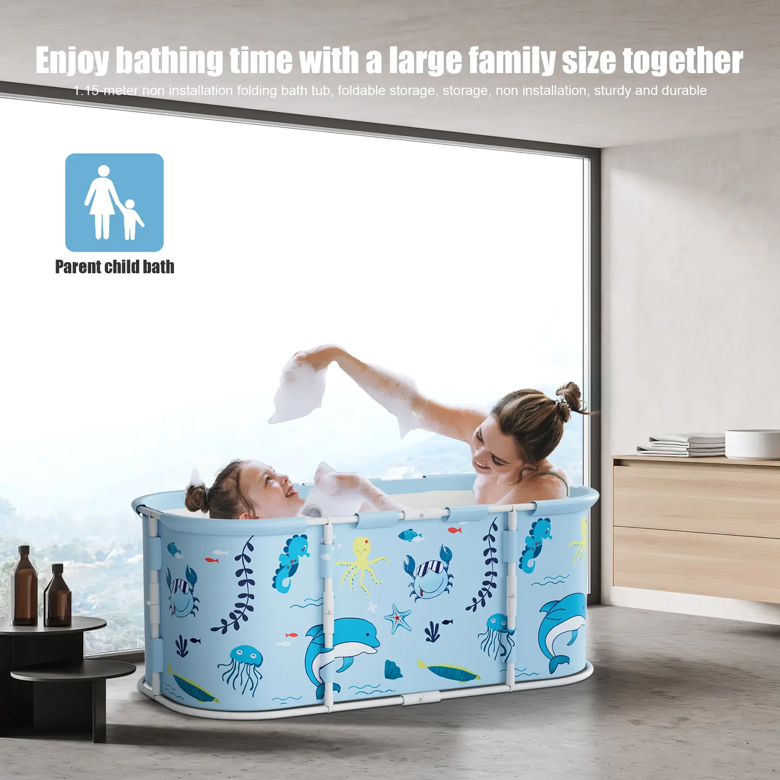 43" Large Foldable Bathtub, Extra Large Foldable Bathtub with Plastic Frame, Freestanding Surround Collapsible Bathtub, Family SPA Soaking Tub for Kids Adult