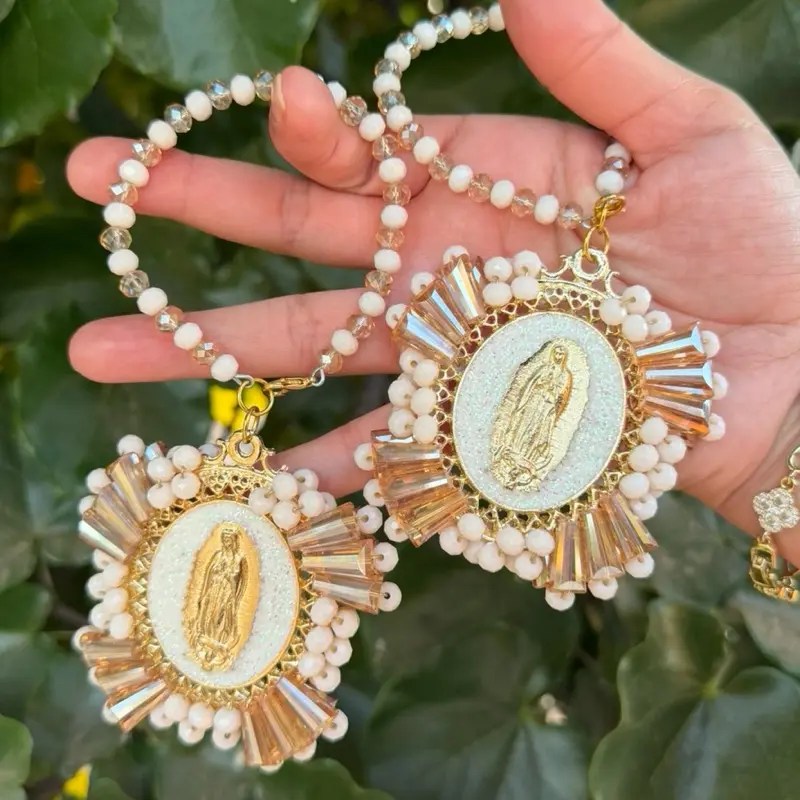 Handmade White Virgin of Guadalupe Beaded Crystal Charm