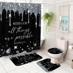 Bathroom Full Set Accessories Kit, Shower Curtain Sets, Includes Shower Curtain, Bath Mat, Toilet Seat Cover & Hooks, Ideal Holiday Gift, Home Decor