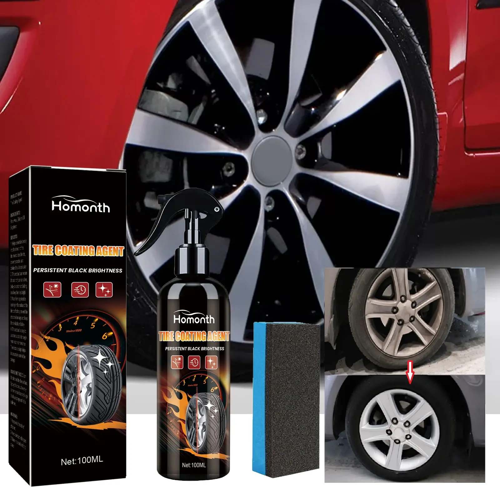 Homonth 138g Automotive Coating Agent Set - Carnauba Wax Rim Care Kit with Polishing Paste, Silicone Oil, Stain Removal, Prevents Rubber Aging, Brightens, Restores Original Color, Delays Oxidation, Extends Lifespan, Tire Polish