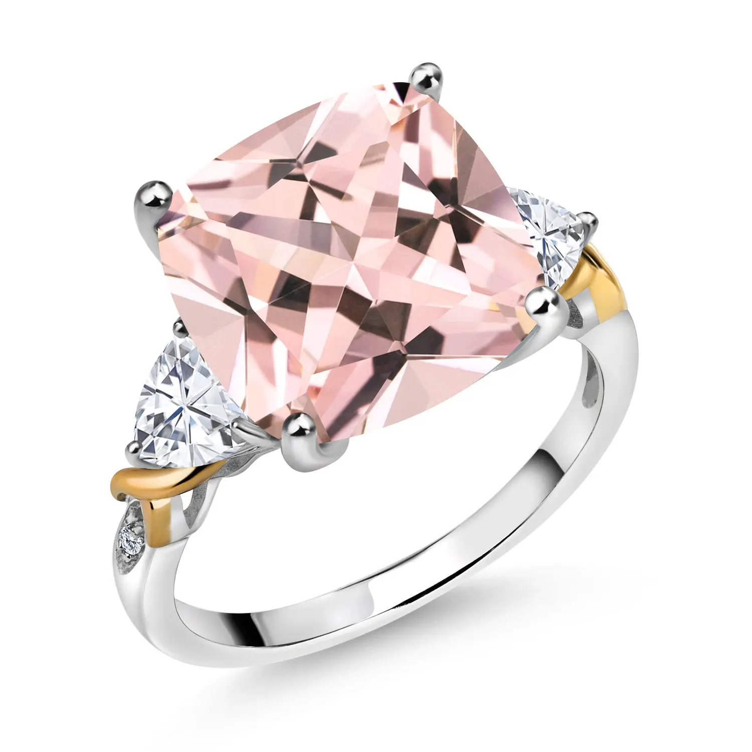 8.47 Cttw Peach Nano Morganite White Moissanite and Diamond Ring For Women | 925 and 10K Yellow | 12MM Cushion and 5MM Trillion | Wedding Engagement Anniversary Promise Ring