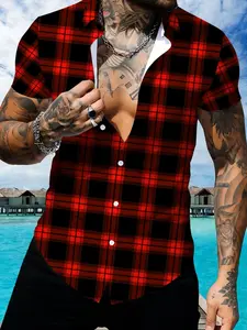 Red Plaid Short Sleeve Collared Shirt for Men, Summer Trendy Loose Casual Coat Men's Wear, Fashion Plaid Shirt