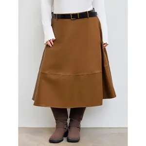Cider [size 2-24] Faux Leather Mid Rise Solid Midi Skirt With Belt Curve & Plus