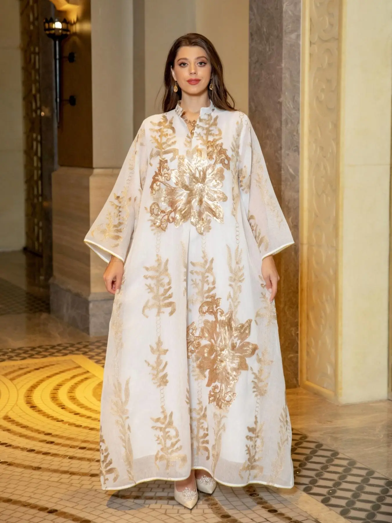 Arabic Clothing-Floral Print Notched Neck Kimono Sleeve Kaftan, Elegant Long Sleeve Long Dress for Women, Women's Islamic Clothing for Spring & Fall