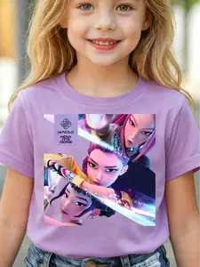 Kp Huntrix How It's Done Album Kids' Short Sleeve Summer T-Shirt Graphic Tees, Casual Cartoon Pattern, Fitted, No Zipper, No Collar, No Button