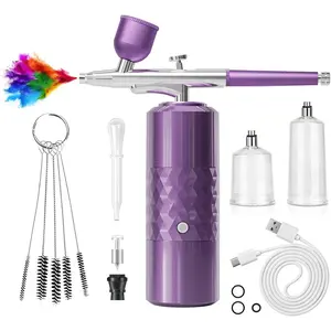 Rechargeable Cordless Airbrush Kit with Portable Compressor, Handheld Air Brush for Model Painting, Nail Art, Cake Decoration, Makeup, and Barber Use (Purple)