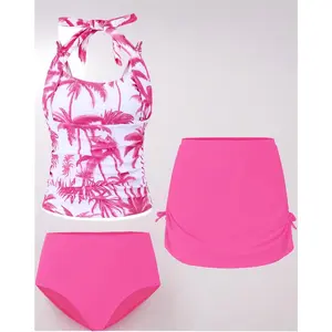 Teen Girls Swimsuit, Halterneck Tankini Drawstring Printed Tween Girls' Swimwear Beach Girl Bathing Suit for 7-16T