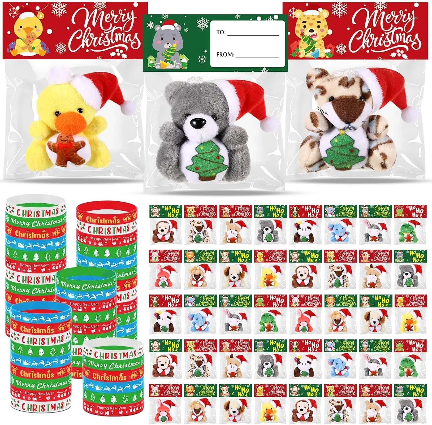 Summerwins 96-Piece Durable Colorful Light Cotton Christmas Mini Plushies Bulk Pack - 48 Plush Prints Set, 48 Rubber Xmas Bracelets, Small Plush Keychains - Festive Party Gift for Preschoolers, Stocking Fillers, Animal Print