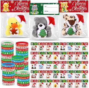 96 Pcs Christmas Mini Stuffed Animals Gifts Bulk 48 Christmas Plush Set with 48 Xmas Silicone Bracelets Small Plush Keychains Classroom Exchange Gift Toys for Friend Preschool Stocking Fillers