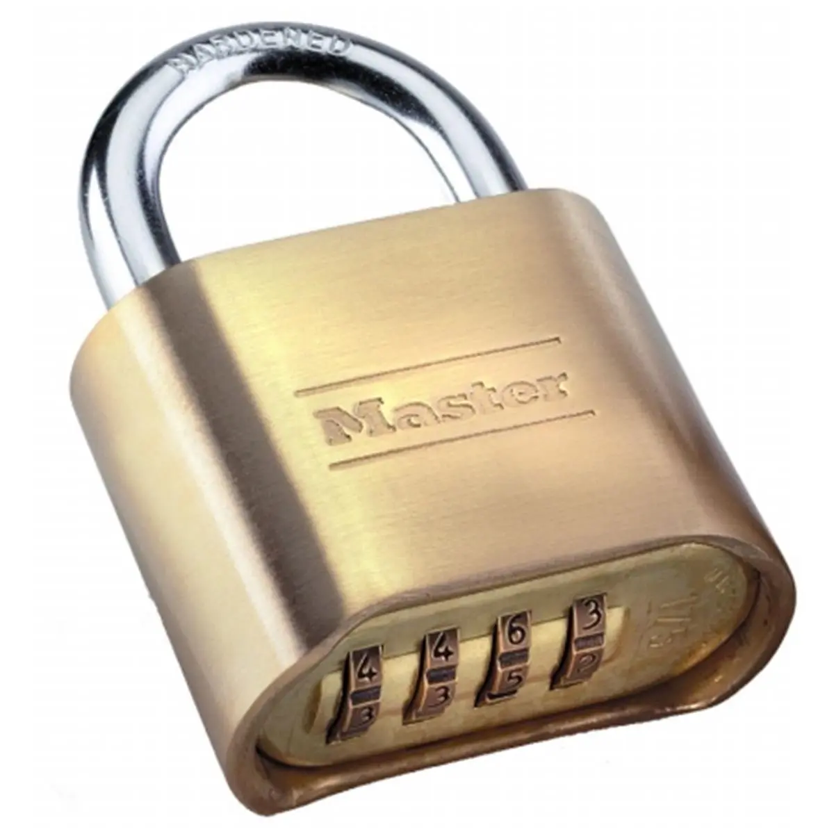 Master Lock 2in. Metal Resettable Brass Combination Padlock 175D Model - General Purpose Motorcycle Lock, 10000 Possible Settings, Automatic Tamper Guard, Instant Reset for Employees, Height:3.5, Length:1.18