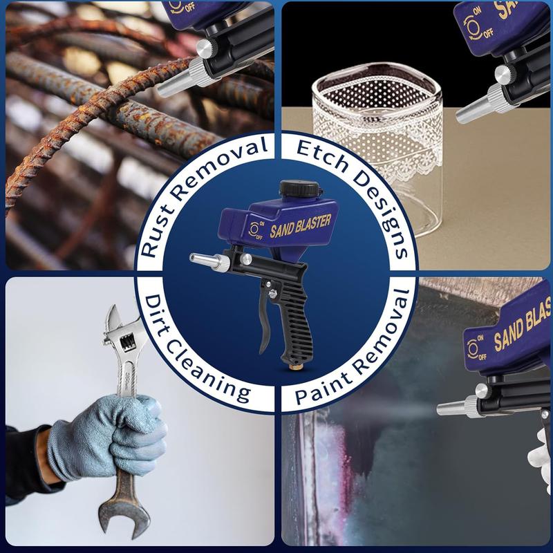 Sand Blaster Gun with Gravity Feed,Hobby Handheld Sandblaster Gun for Metal,Wood Paint/Rust Removal and Glass Etching,Up to 90  PSI Blasting Medial,Requires Air Compressor,Blue