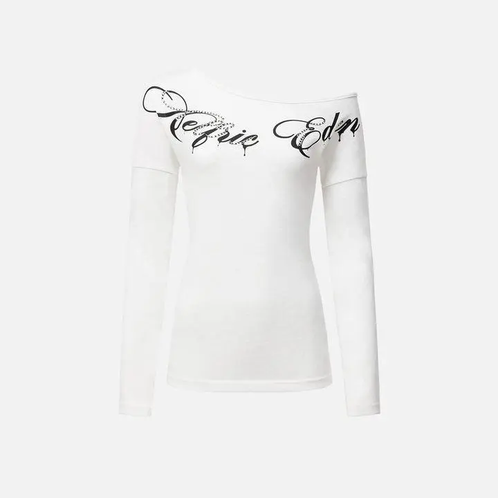 Aelfric Eden Off-The-Shoulder Rhinestone Script Long Sleeve Tee  Slim Fitted Silhouette Asymmetric Off-Shoulder Neckline Rhinestone Gothic Script Print High-Stretch Knit Fabric Y2K Edgy Streetwear Women Top