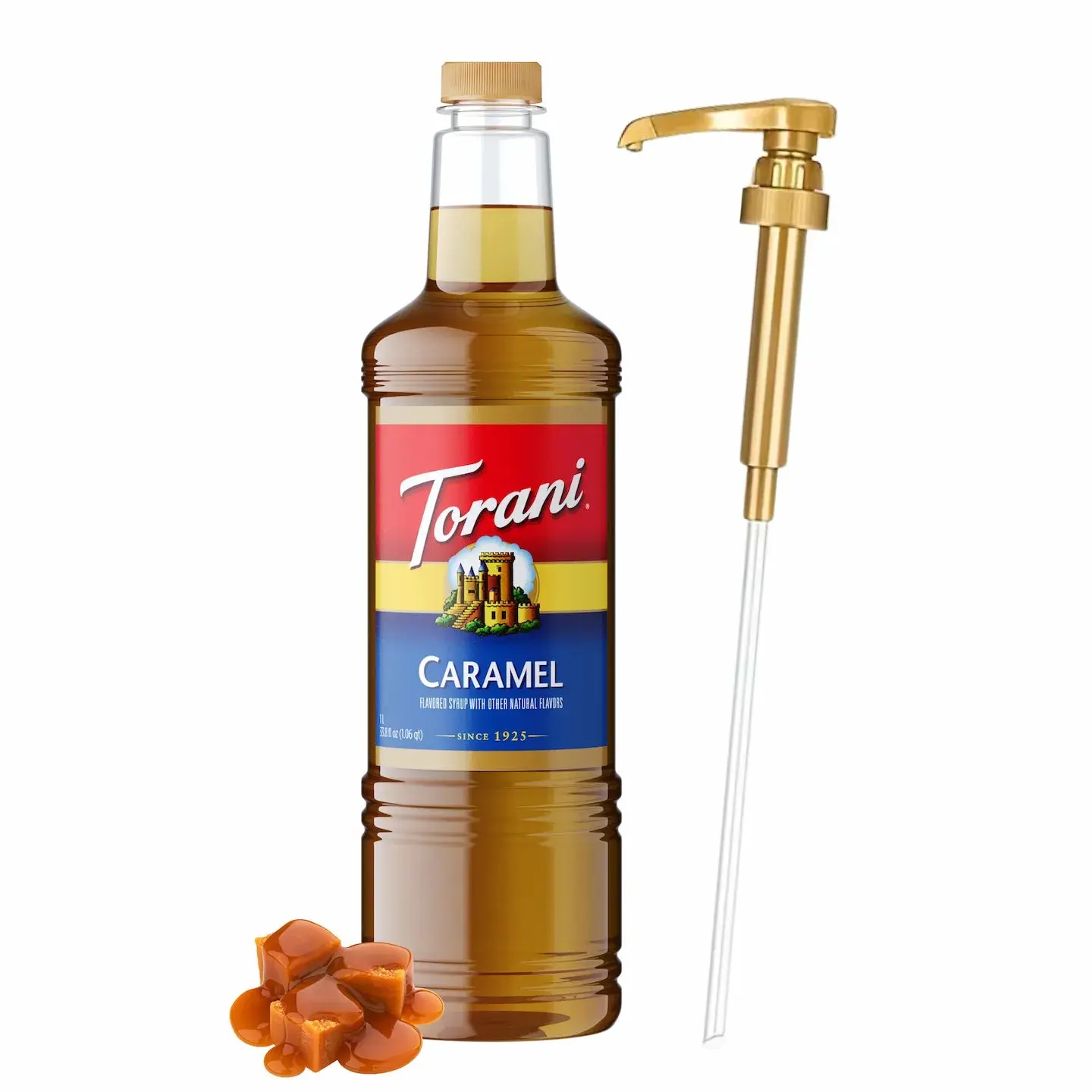 Torani Caramel Syrup, 1L Bottle with Pump - Sweet, Creamy Caramel Mix for Beverages