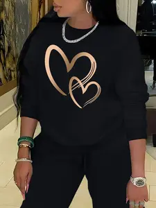 Women's Heart Print Drop Shoulder Sweatshirt, Casual Long Sleeve Round Neck Fitted Pullover for Fall & Winter, Ladies Clothes for Daily Wear Valentine's Day, gift