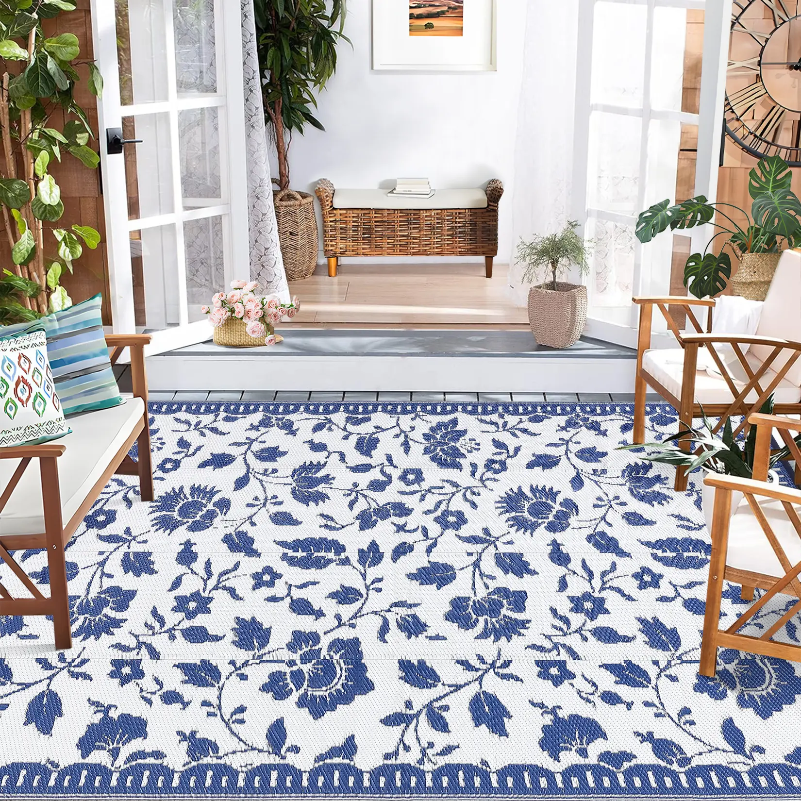 Waterproof Outdoor Rug Reversible Vintage Floral Plastic Straw Rug for Patio RV Camping Beach Backyard Balcony, Foldable Lightweight Indoor Outdoor Carpet with Portable Bag, UV Resistant Outside Mat in Multiple Sizes Colors