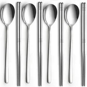 Spoon and Chopsticks Set, 4 Pair Stainless Steel Metal Chopsticks Spoon Set,4 Set Korean Chopsticks and Spoons,  Flat Long handle Chopstick Spoon Set for Home, Kitchen or Restaurant