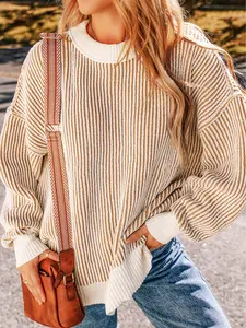 Chestnut Striped Textured Knit Contrast Edge Loose Sweater