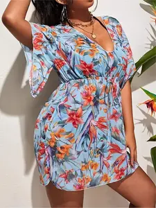 Tropical Print Plus Size Mesh Cover-Up, Loose Fit Bikini Outerwear, Oversized Sheer Top for Women, Casual Summer Fashion