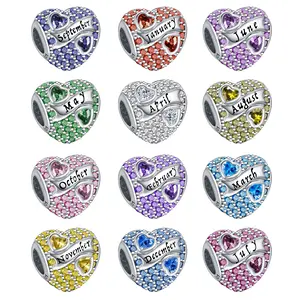 S925 Sterling Silver Charms for Bracelets 12 Months Birthday Birthstone Pave Heart Bead Charm Pendant Fit Bracelets Necklace Luxury Gift DIY Jewelry Making