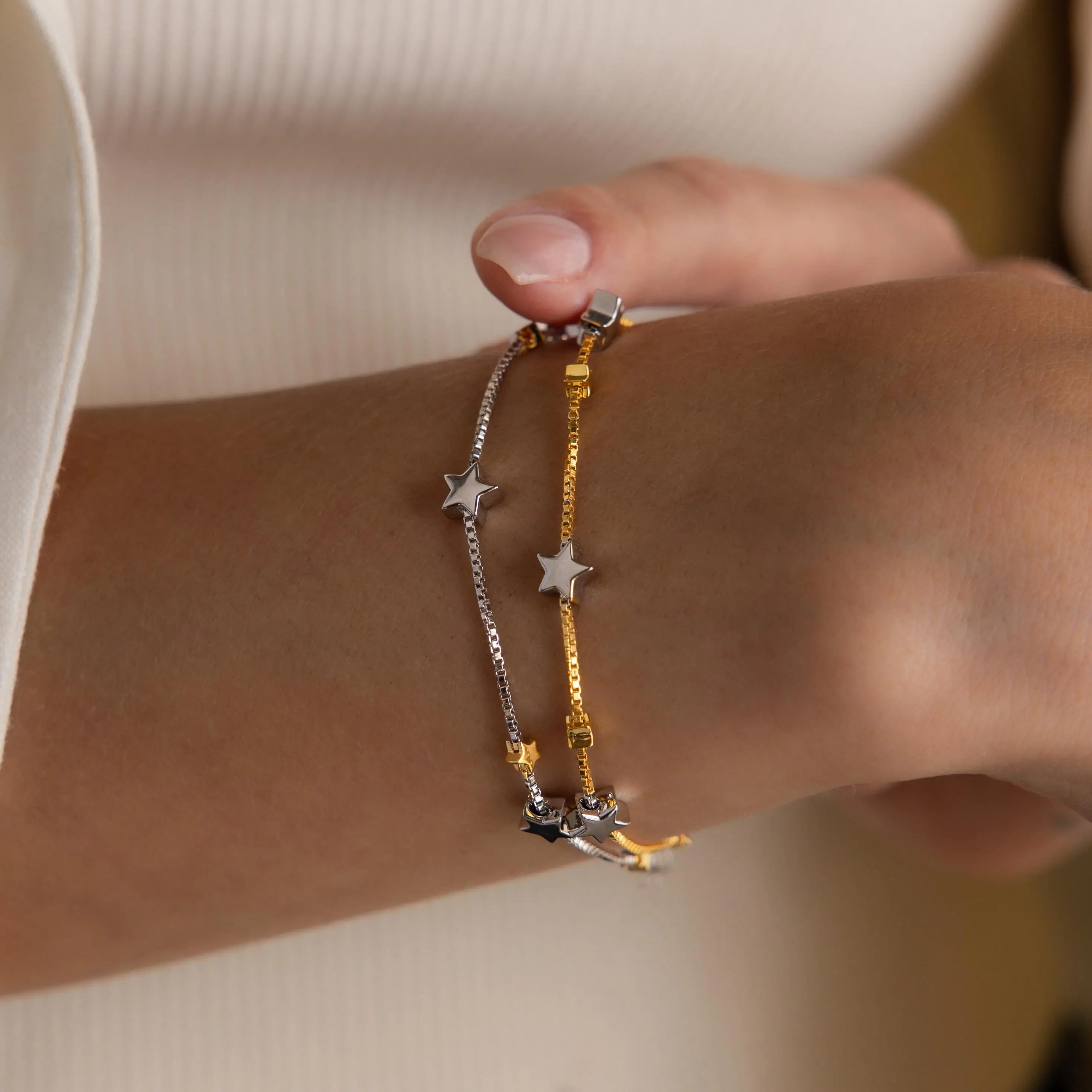 Mixed Metal Star Bracelet by Caitlyn Minimalist - Dainty Celestial Charm Bracelet - Gold & Silver Chain Bracelet -
