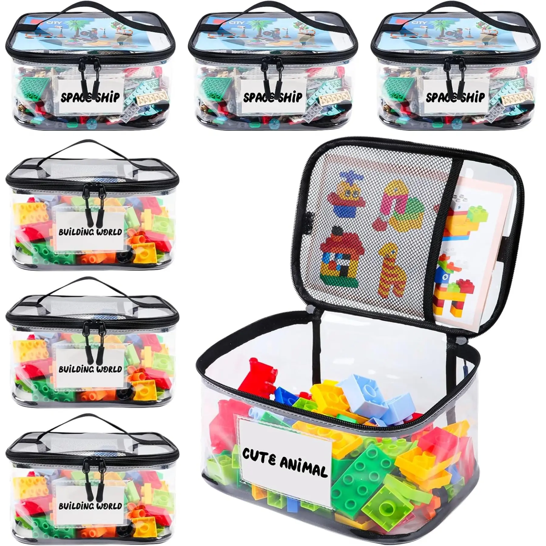 Clear Toy PVC Storage Bag Space Saver Bags with Name Tag & Manual Pocket, 6 Counts Waterproof Transparent Toy Organizer Case for Lego Bricks, Board Games, Building Blocks, Zippered Storage