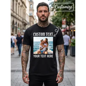 Custom Photo Text Print Men Short Sleeve T Shirt Casual Loose Crew Neck Top Personalized Graphic Design for Couples Anniversary Gift Summer Breathable Daily Streetwear Fashion Trendy Apparel Cool Outf