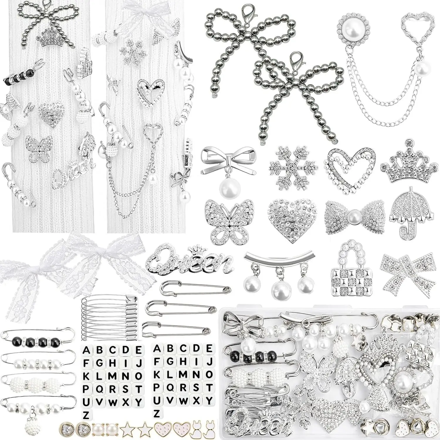 268pcs Silver Junk Socks Charms Kit,Shoe Charms for Sneakers, Brooches and Pins for Women, Pearl and Rhinestone Sock Charm with Safety Pins,DIY Accessories for Personalizing Socks