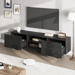 Modern Industrial TV Stand For 65 70 75 80 Inch TV Walnut Media Console Wood Entertainment Center Heavy Duty 450lbs Capacity Storage Cabinet With Soft Close Drawers Iron Legs Metal Table For Living Room Bedroom Apartment