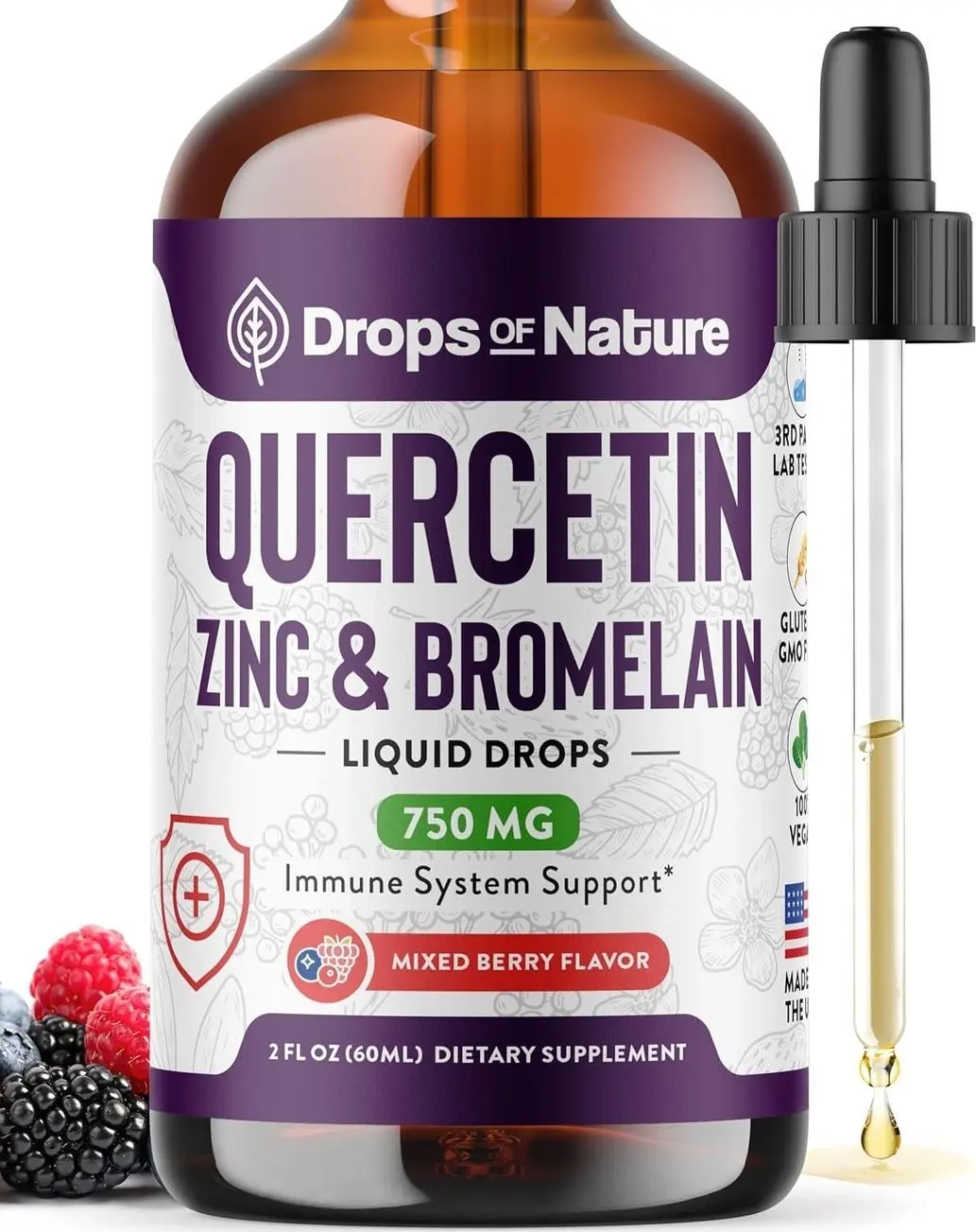 Quercetin with Bromelain & Zinc (5mg) Liquid Drops – Immune Support for Adults & Kids – Ultra-Concentrated Bioflavonoids – Immune Defense – Cellular Health – Vegan, Non-GMO, Gluten Free – 2 Fl Oz